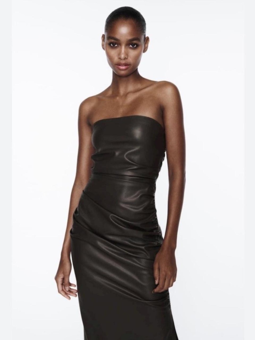 Zara Strapless Black Faux-Leather Midi Dress - Picture 2 of 4